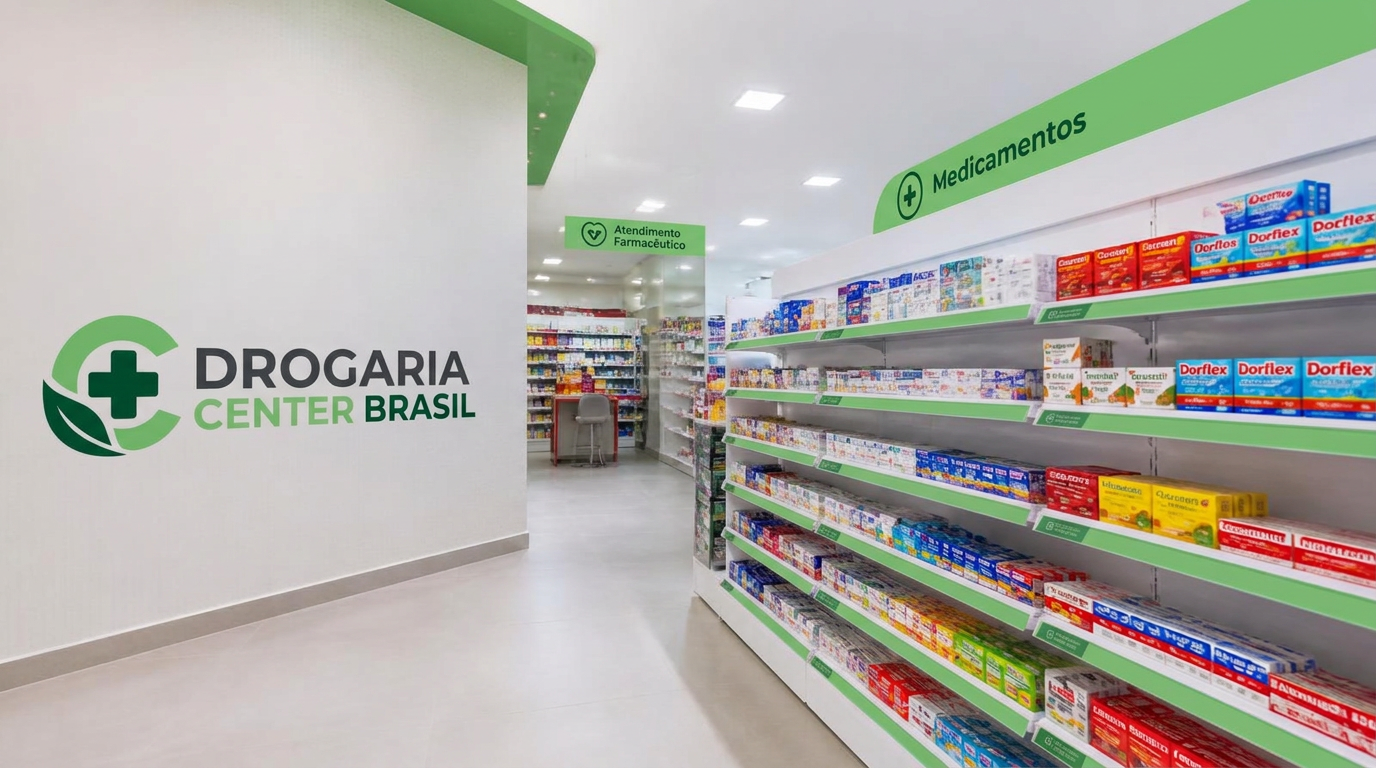 Corredor de farmácia com prateleiras organizadas de medicamentos