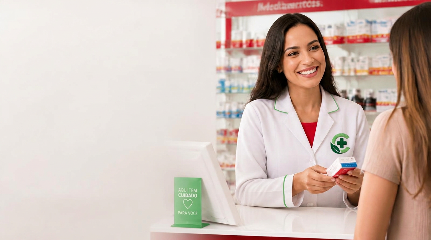 Farmacêutica atendendo uma cliente no balcão da farmácia