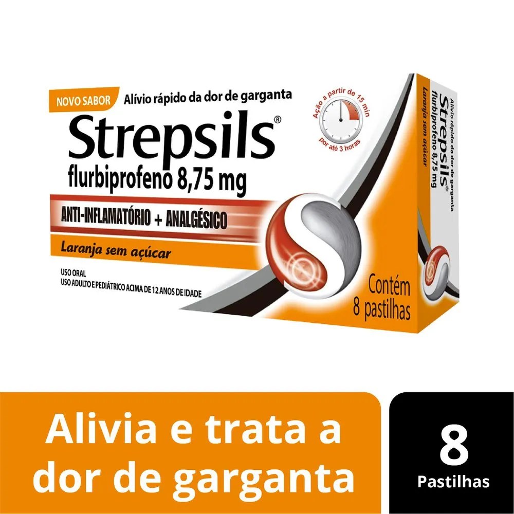 Pastilhas Para Garganta Strepsils Sabor Laranja - Sem Açúcar - Caixa 8 Pastilhas