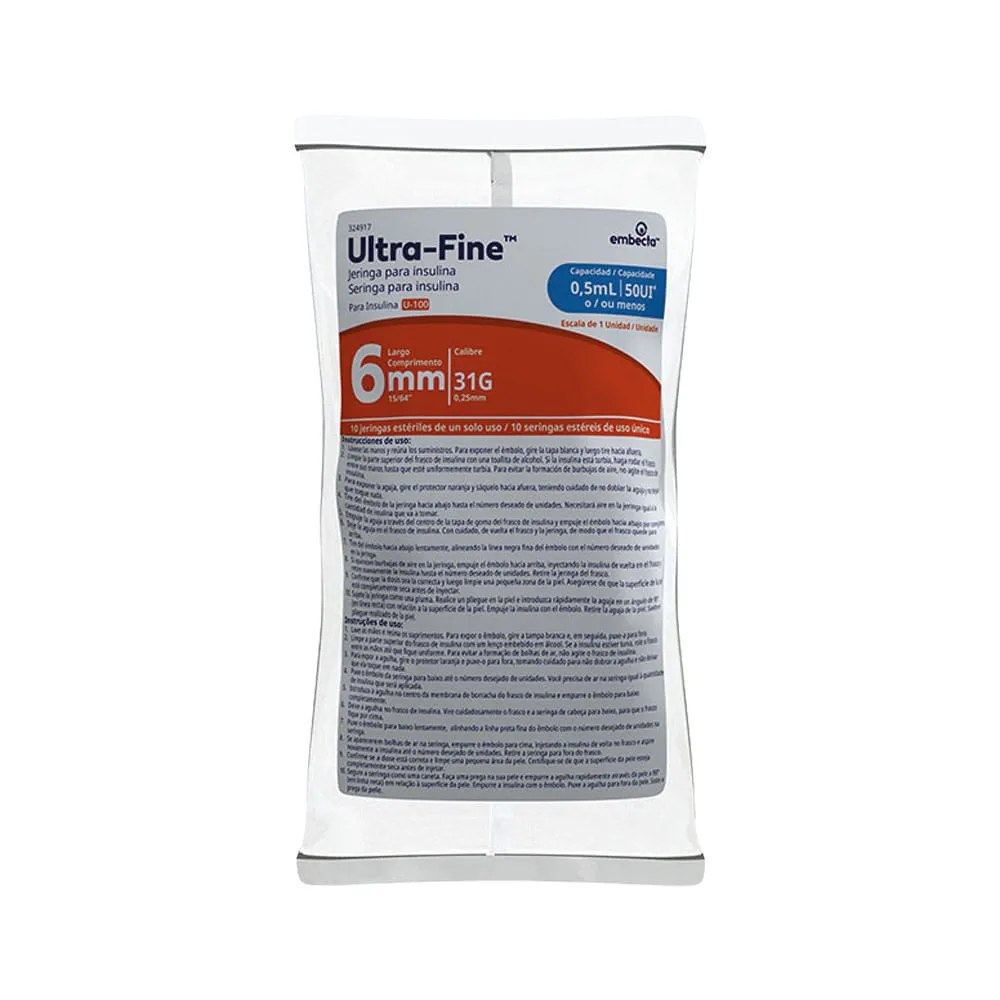 Seringa Embecta Ultra-fine 0,5ml 6x0,25 Mm 50ui Com 10 Unidades