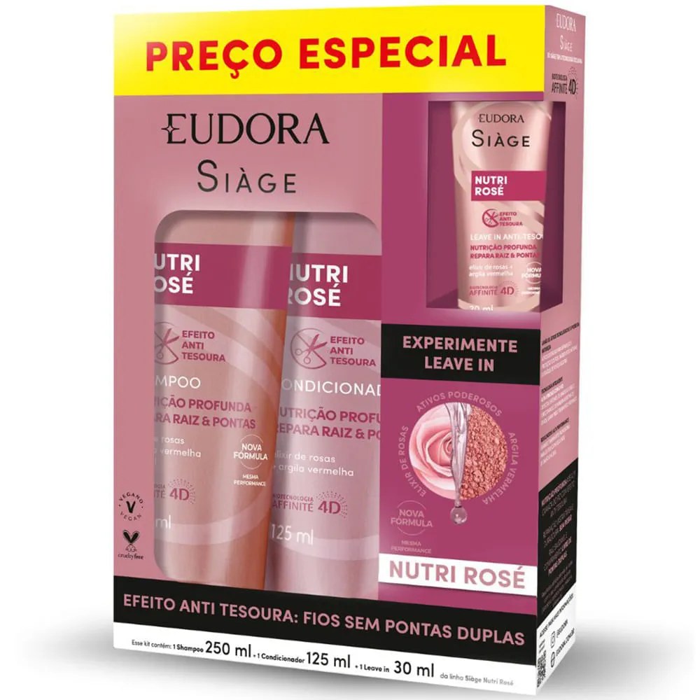 Shampoo 250ml + Condicionador 125ml + Leave In 30ml Eudora Siage Nutri Rose