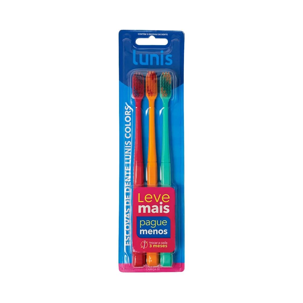 Escova De Dente Lunis Colors Média 3 Unidades