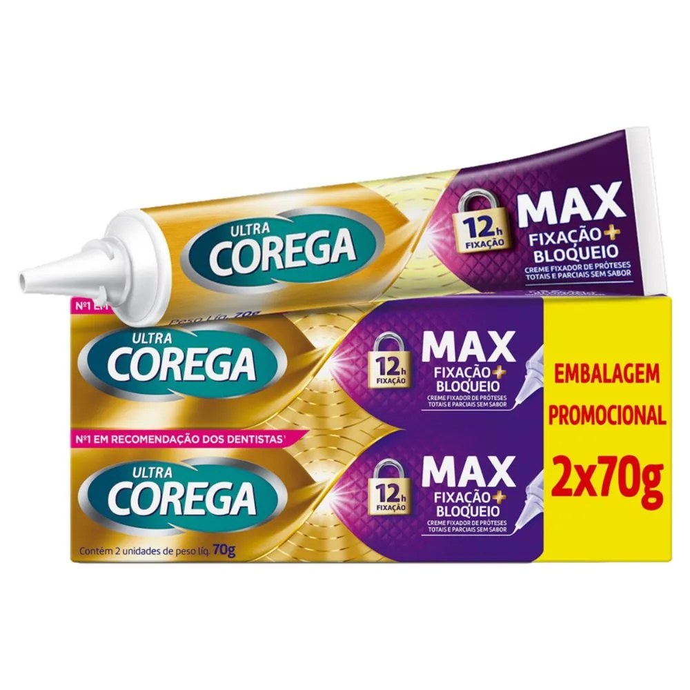 Creme Fixador De Dentadura Ultra Corega Max Fixação E Bloqueio 2  Unidades 70g Cada