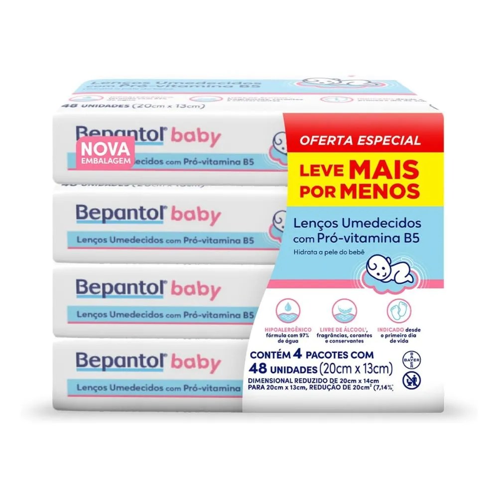 Kit Lenço Umedecido Bepantol Baby Leve 4 Pague 3 48 Unidades Cada