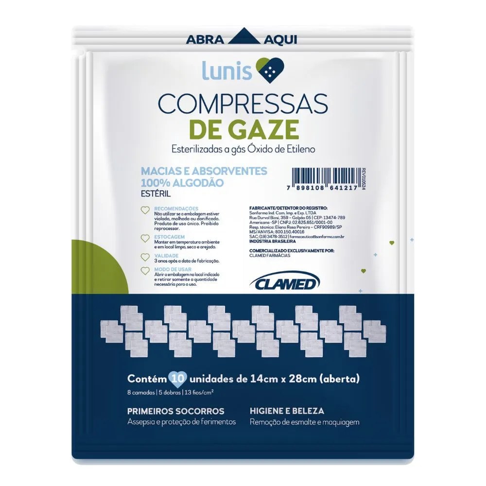 Compressa De Gaze Macia E Absorvente Lunis 10 Unidades