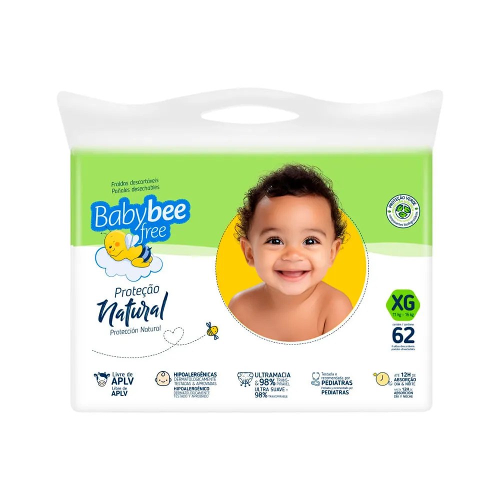 Fralda Baby Bee Free Tamanho Xg Protecao Natural Com 62 Unidades