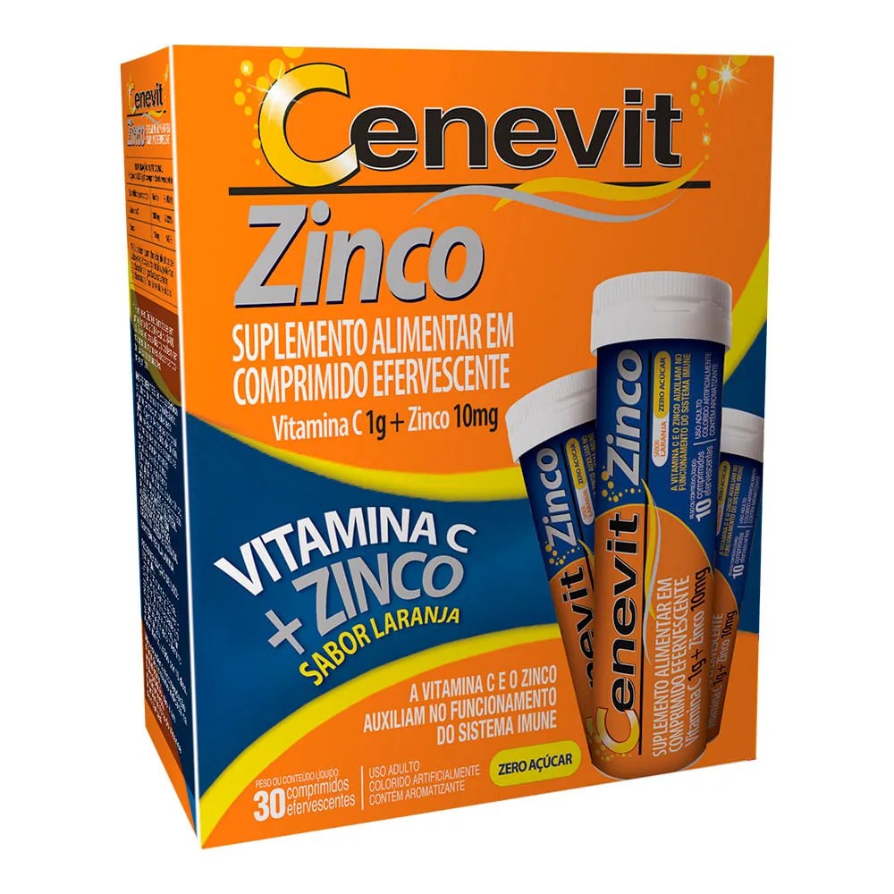 Vitamina C 1g + Zinco 10mg Cenevit Zinco Laranja 30 Comprimidos Efervescentes