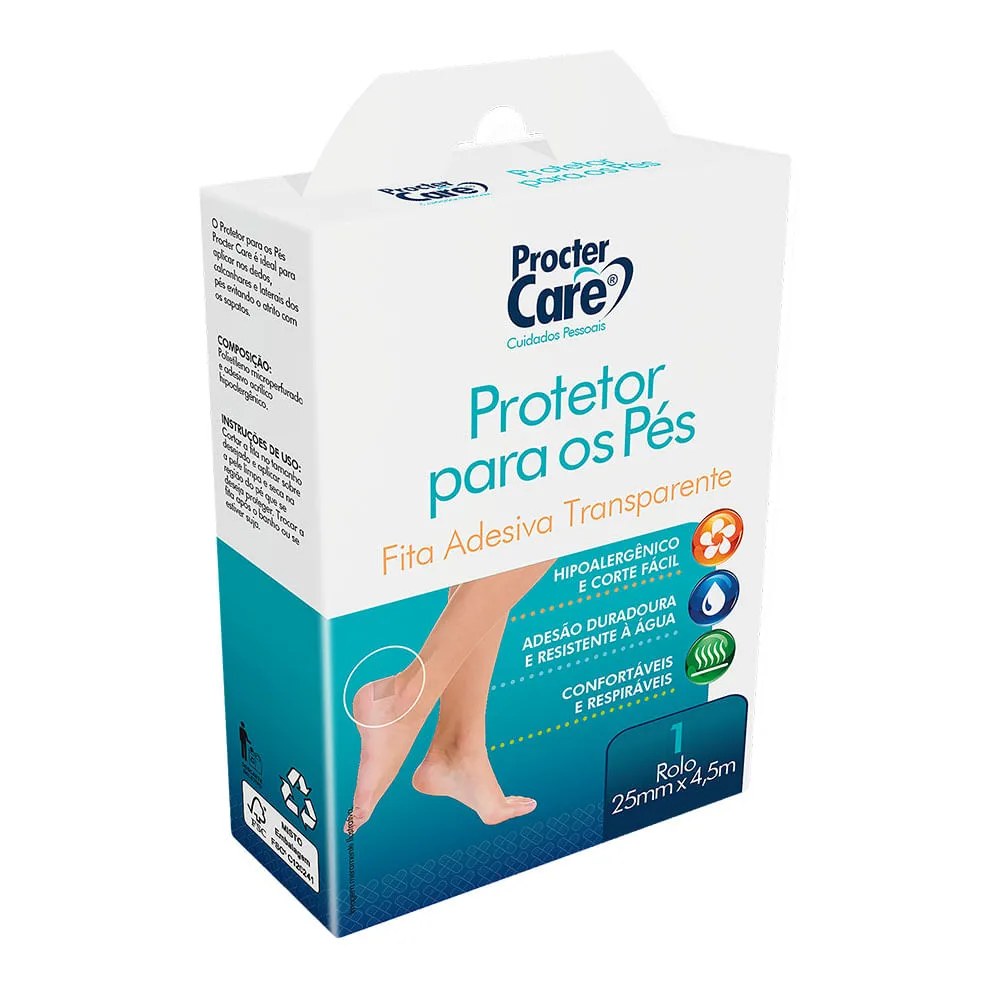 Fita Adesiva Protetora Para Os Pés Procter Care Com 1 Rolo De 25mm X 4,5m