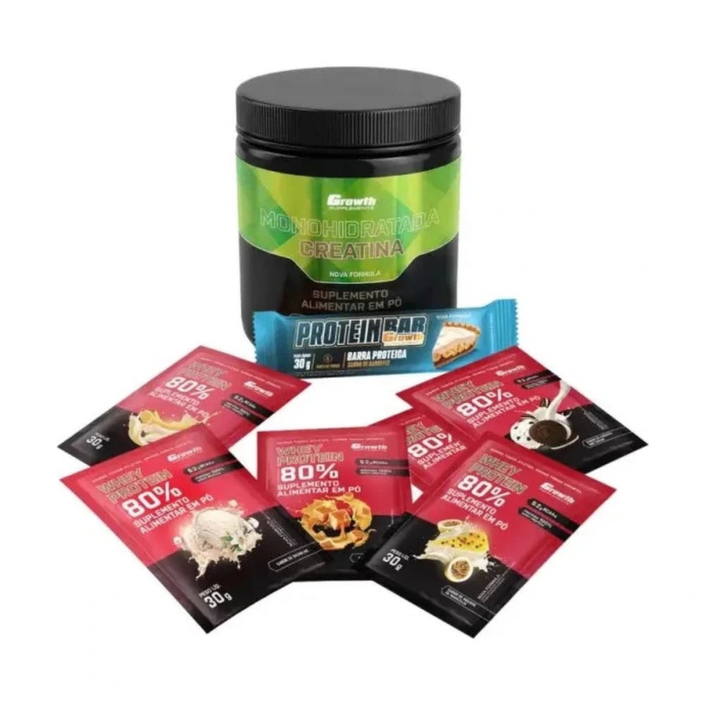 Kit Sabores: Protein Bar 30gCaixa com 12 UN + Creatina Monohidratada 250Gr + Dose 30Gr Whey Protein Concentrado 80% - Chocolate C/ Amendoim + Banana + Caramelo + Mousse De Maracu