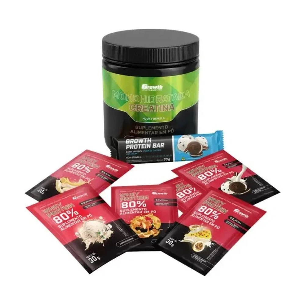 Kit Sabores: Barra de Proteína 30gCaixa com 12 UN + Creatina Monohidratada 250Gr + Dose 30Gr Whey Protein Concentrado 80% - Chocolate C/ Amendoim + Banana + Caramelo + Mousse De