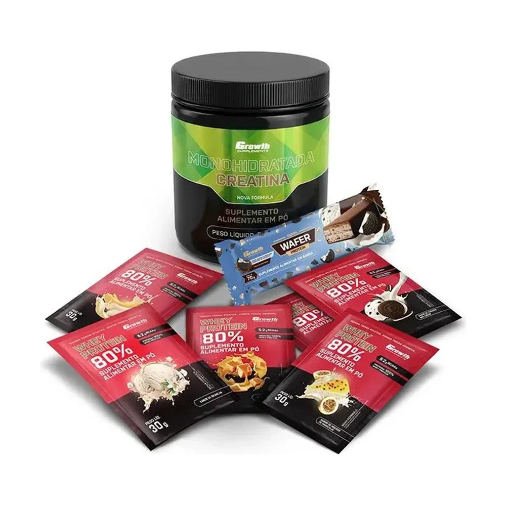 Kit Sabores: Barra Wafer + Creatina Monohidratada 250Gr + Dose 30Gr Whey Protein Concentrado 80% - Chocolate Com Amendoim + Banana + Caramelo + Mousse De Maracujá + Cookies + Bauni