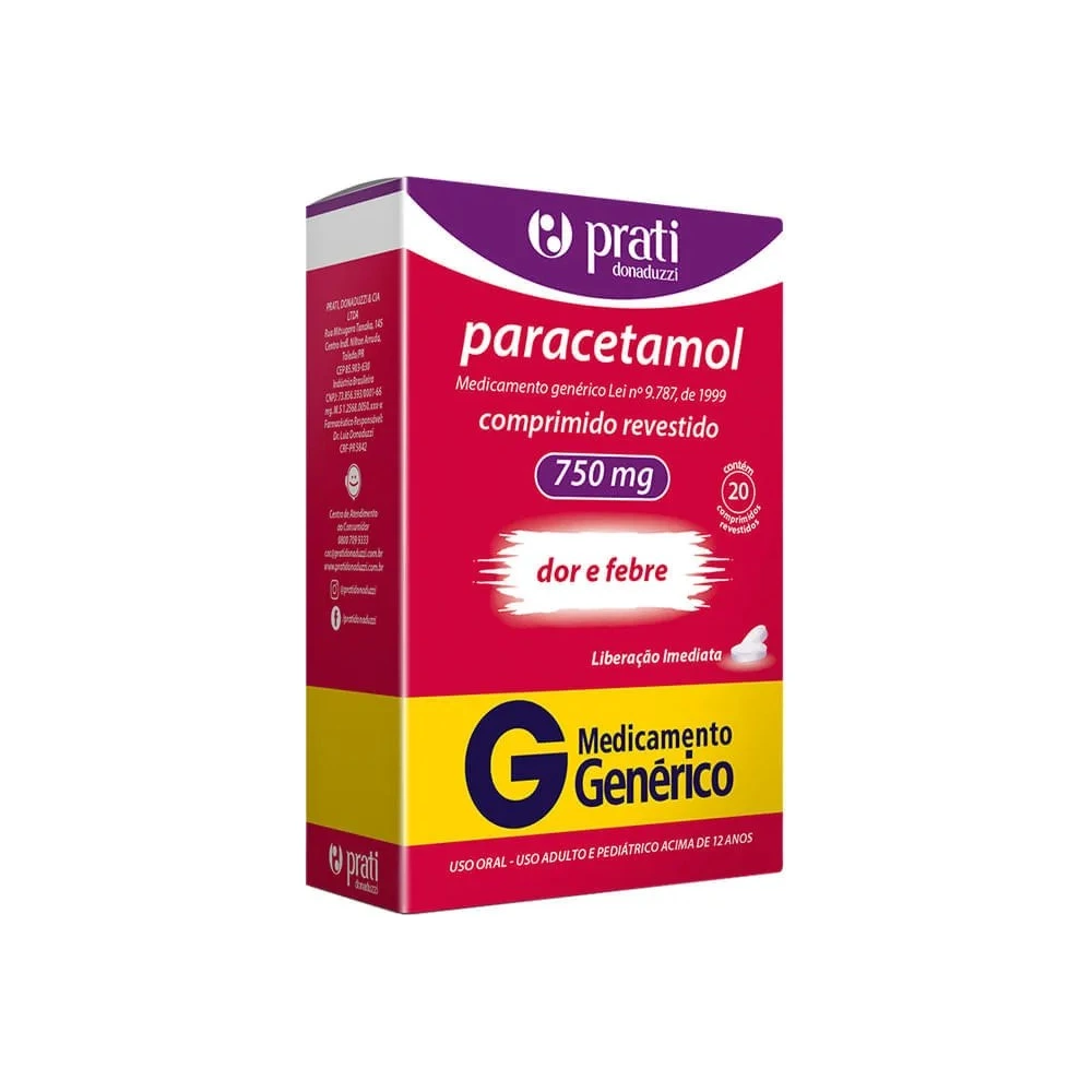 Paracetamol Prati Com 20 Comprimidos Revestidos 750mg Generico