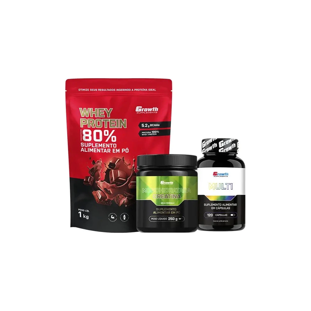 Kit Whey Protein Concentrado 1kg, Creatina Monohidratada 250g e Multivitamínico 120 caps