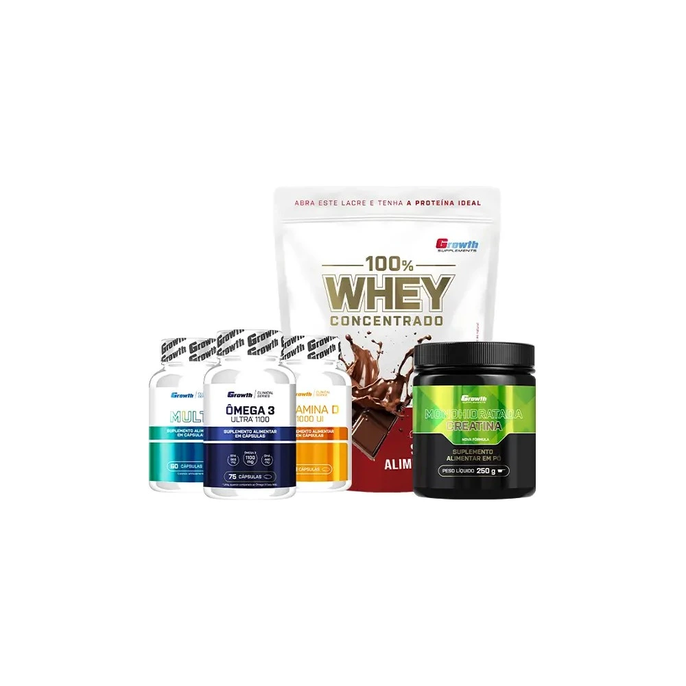 Kit Rotina Completa - 100% Whey Protein Concentrado (900g) + Creatina Monohidratada (250g) + Multivitamínico (60caps) + Ômega 3 + Vitamina D