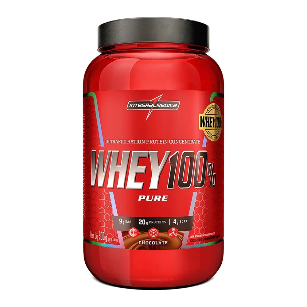 Whey Protein Concentrado Chocolate 100% Pure – 21g de Proteína por Scoop, Suplementação Alimentar Pós-Treino, Fórmula Enriquecida com BCAAs – Pote 900