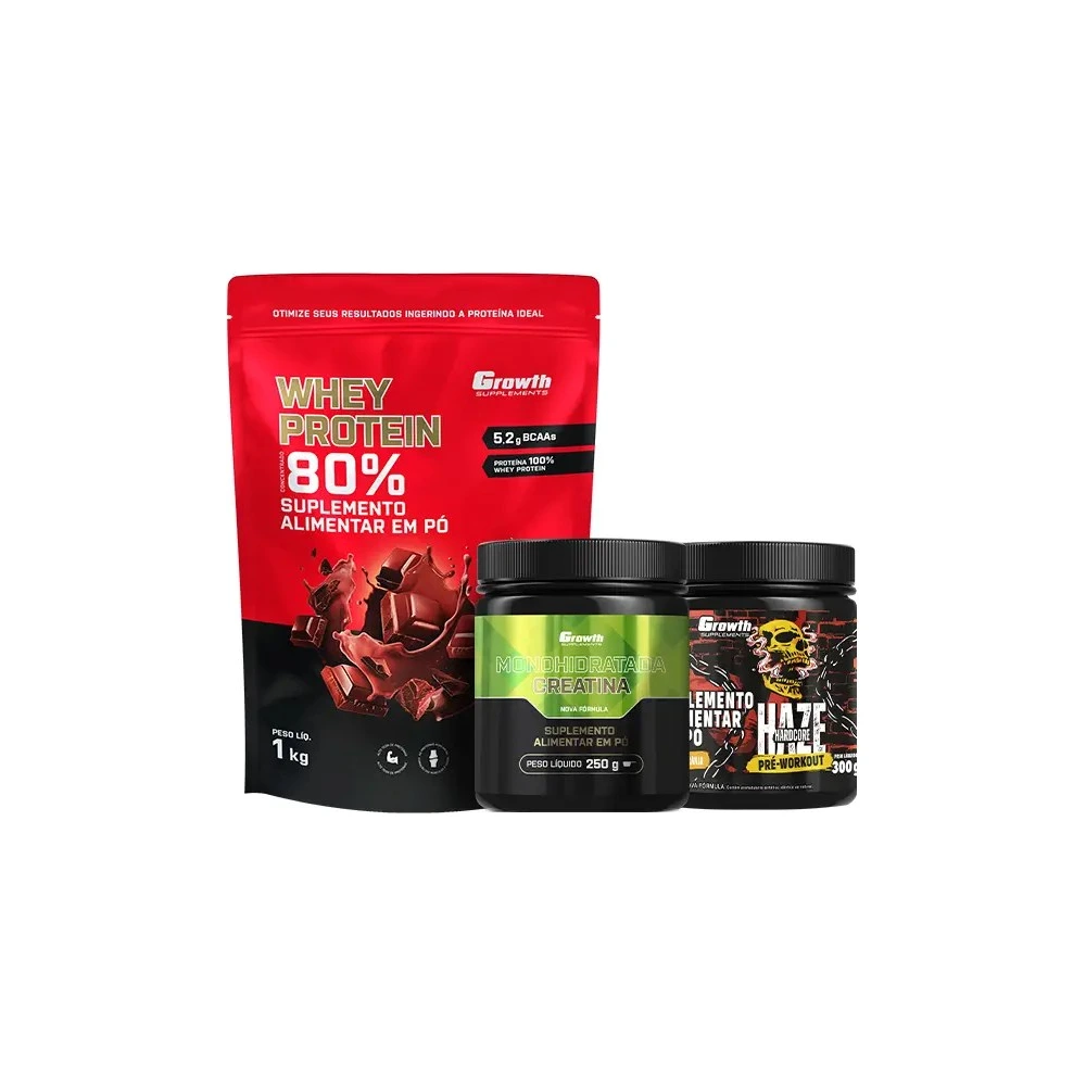 Kit Whey Protein Concentrado 1kg, Creatina Monohidratada 250g e Pré-Treino Haze Laranja 300g